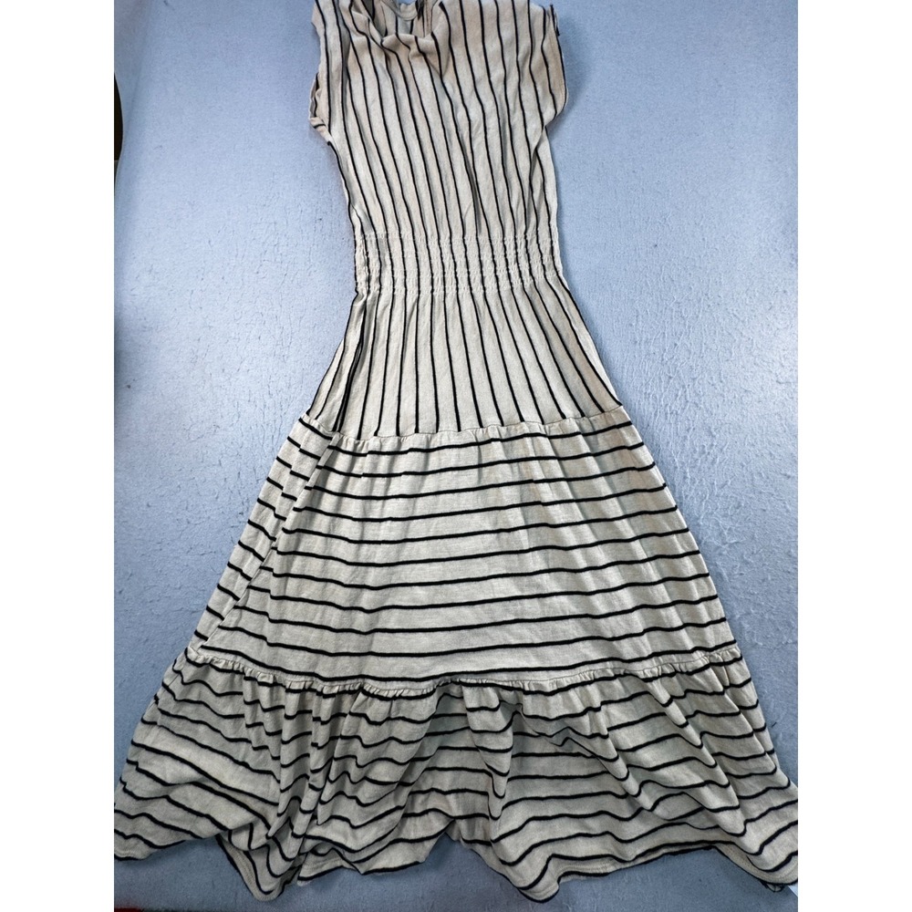 Caara Knit Dress Womens XS Tan Wesley Stripe Tiered Cap Sleeve Smocked Waist